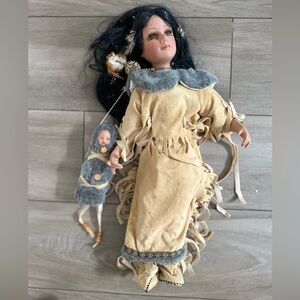 Native American-Inspired Porcelain Doll with Baby - Tan and Gray